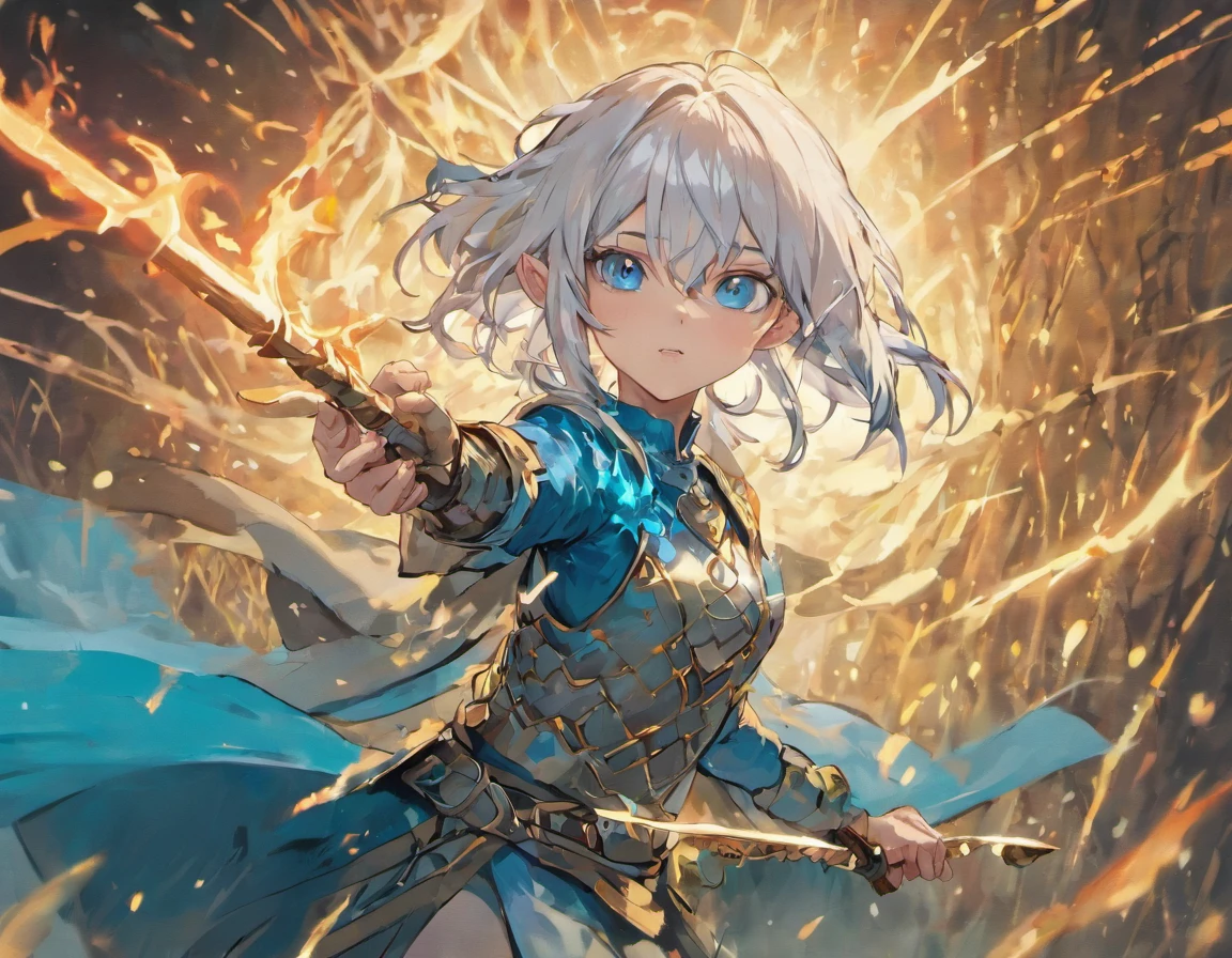 A white-haired, blue-eyed elf woman，Dressed in a chainmail shirt，Wield a sword and slash demons