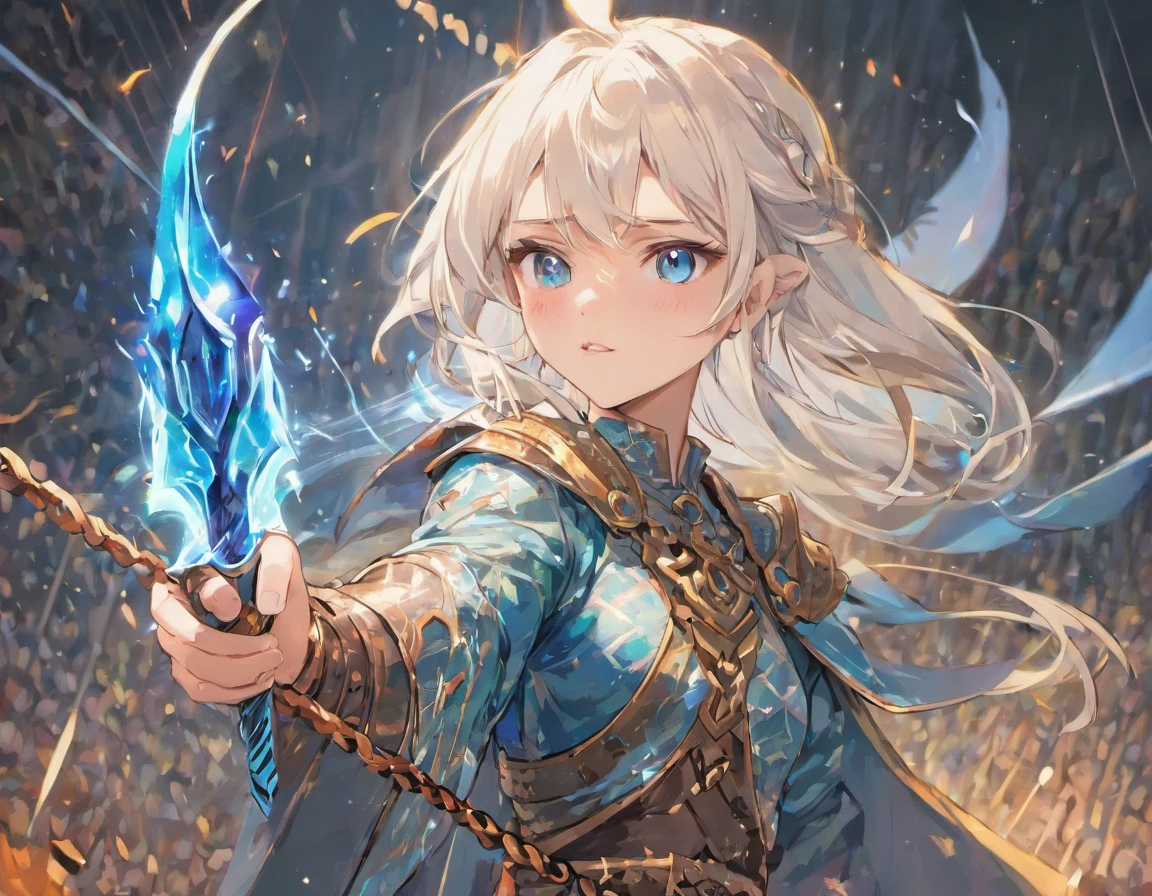 A white-haired, blue-eyed elf woman,Dressed in a chainmail shirt,Wield a sword and slash demons