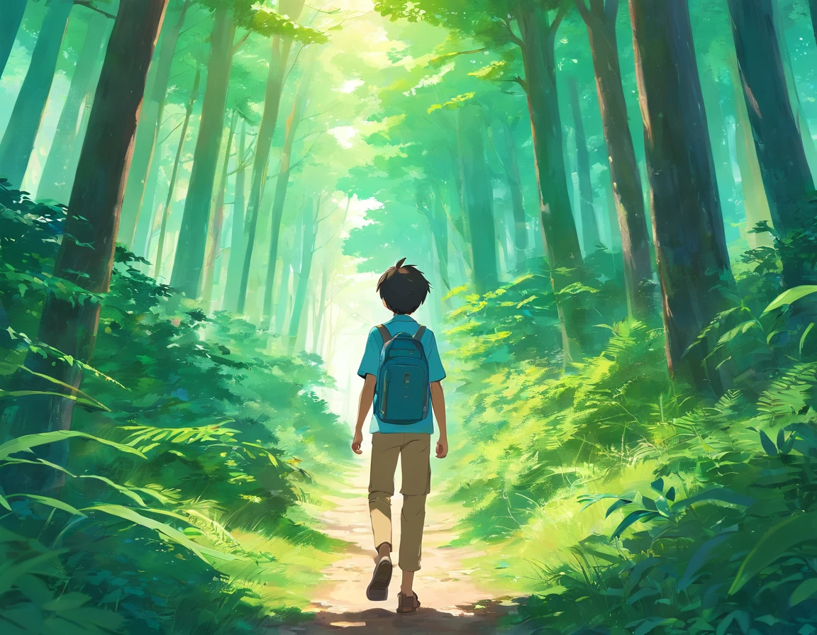 A boy with a map in his hands on his back entering a dense forest