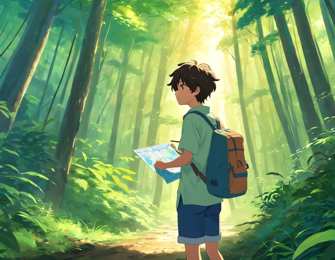 A boy with a map in his hands on his back entering a dense forest