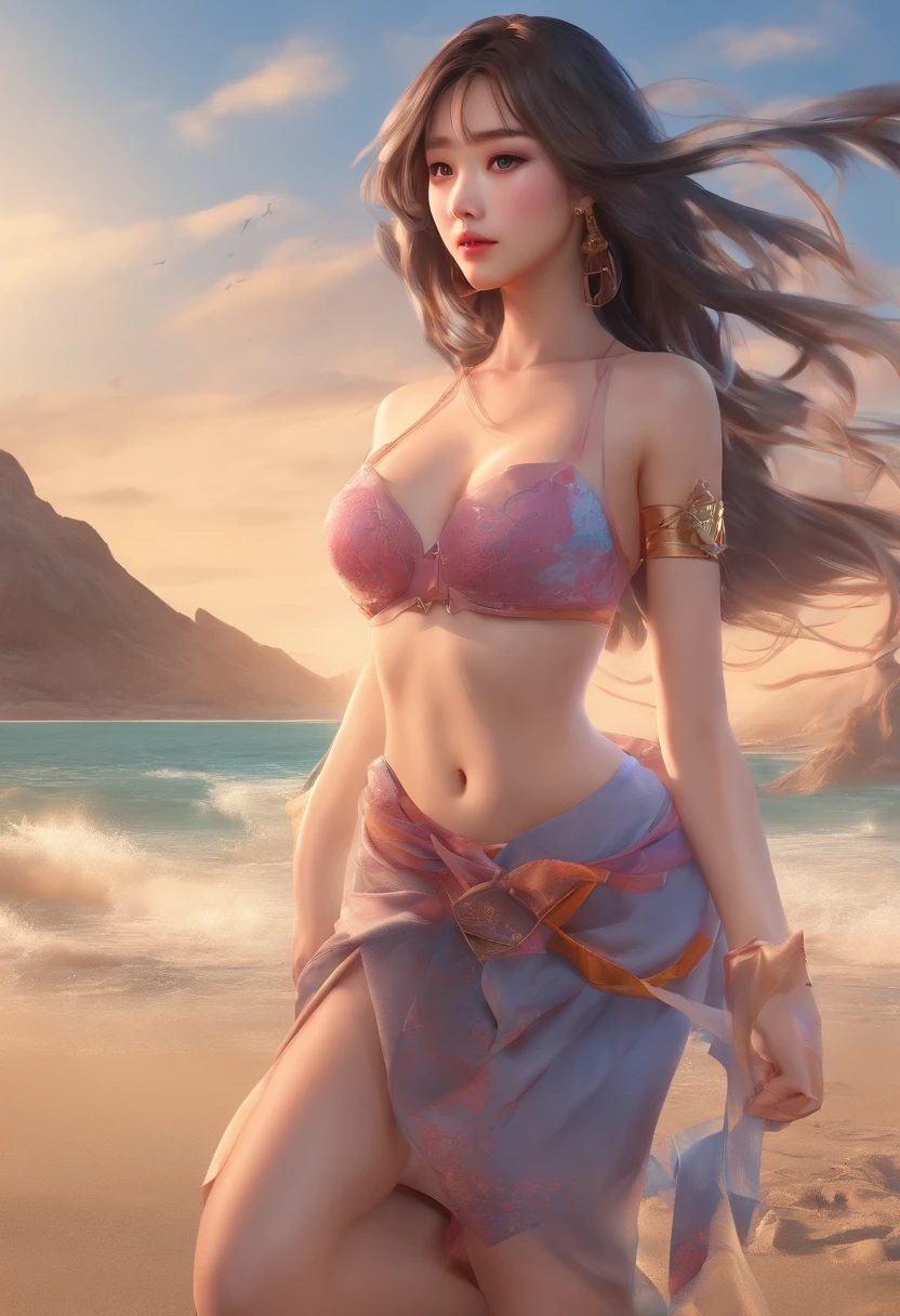 (RAW photo, Best Quality), (Realistic, photorealestic: 1.3), Best Quality, Highly detailed, Masterpiece, hyper-detailing, illustartion, 1 girl, Forehead with painting, higher_body, Dynamic Angle, world masterpiece theater, muddy_Long_Hair, Best Quality, extremely detailed CG unified wallpapers 8k, 墨水, Amazing, Cinematic lighting, Lens_The Flash,dunhuang_style of,,Girl,Odin,cop woman,Clot-free,In tiny lingerie, on the beach, tiny bras,normal breasts, A little huge,Posing, Looking for an audience,an asian woman,Student,сосет члены