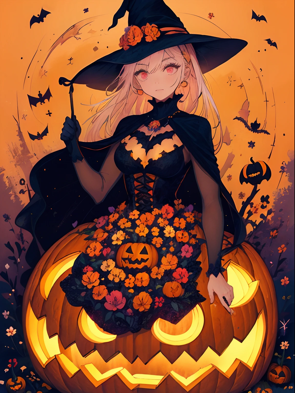 woman, flower dress, colorful, pumpkin, colorful background, flower dress, halloween theme, witch outfit, pumpkin