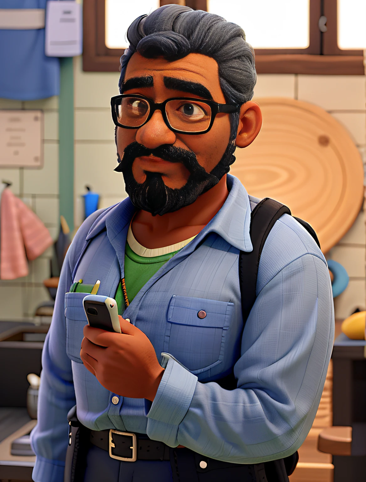 An old black sage standing, Vestindo uma camisa azul, cabelo grisalho e baixo, bigode grisalho, with a cell phone in hand