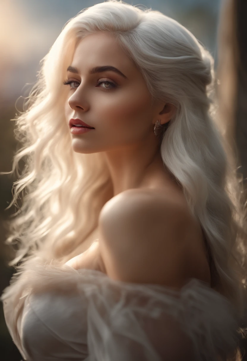 Best quality, masterpiece, ultra high res, (photorealistic: 1.4), raw photo, 1girl, off shoulder, cinematic lighting, kiss poses, heterochromia, white hair, white hair