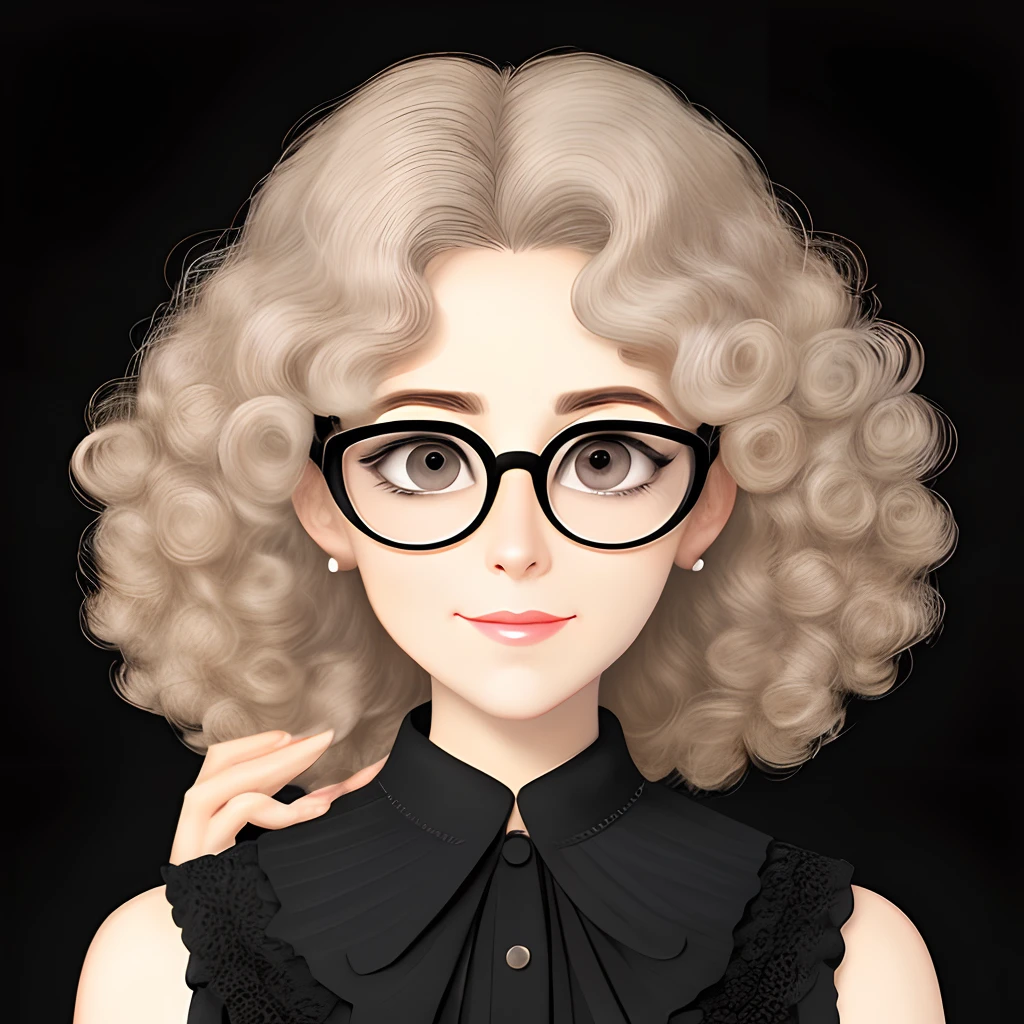 Woman 40 years old white skin curly hair brown color small eyes fleshy mouth big eyelashes pixar style wearing elegant clothes black square glasses