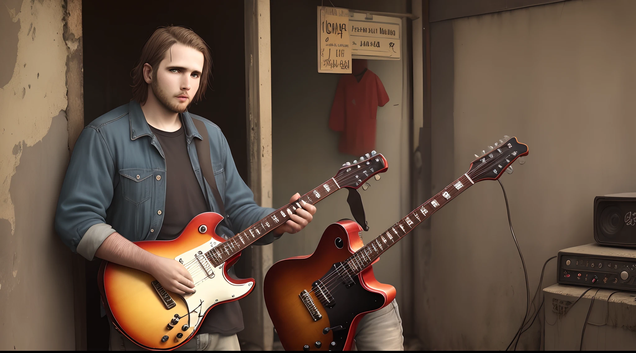 Rock and roll album cover showing a 30 year old man in poverty with a guitar. This should be in a post apocalypse setting and it should look exciting. This should be in a square format.