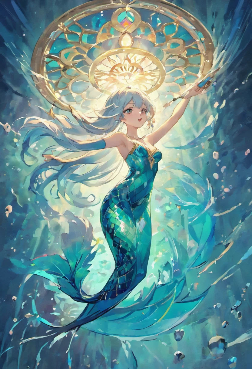 in 8K,She interprets perfection、Mermaid with imperial stature,She can be called the goddess of heaven。Her figure shimmers with rainbow hues,It was as if the essence of the beauty of the sea was within her。ella,Liquid sapphire deep pool,Master the mysteries of the deep sea,Attract the eyes of all those who gaze at them。Her flow,Milky white hair poured down like a moonlight waterfall,Adorned with pearls and jewels comparable to those of stars。But what is really charming is her tail;A masterpiece of water art,It rises and falls with hypnotic grace,Each scale reflects a kaleidoscope of color。Whispering that it is the most beautiful of all fields,Proof of her royal pedigree。She had no doubts,The epitome of the perfect mermaid,Mucha style。