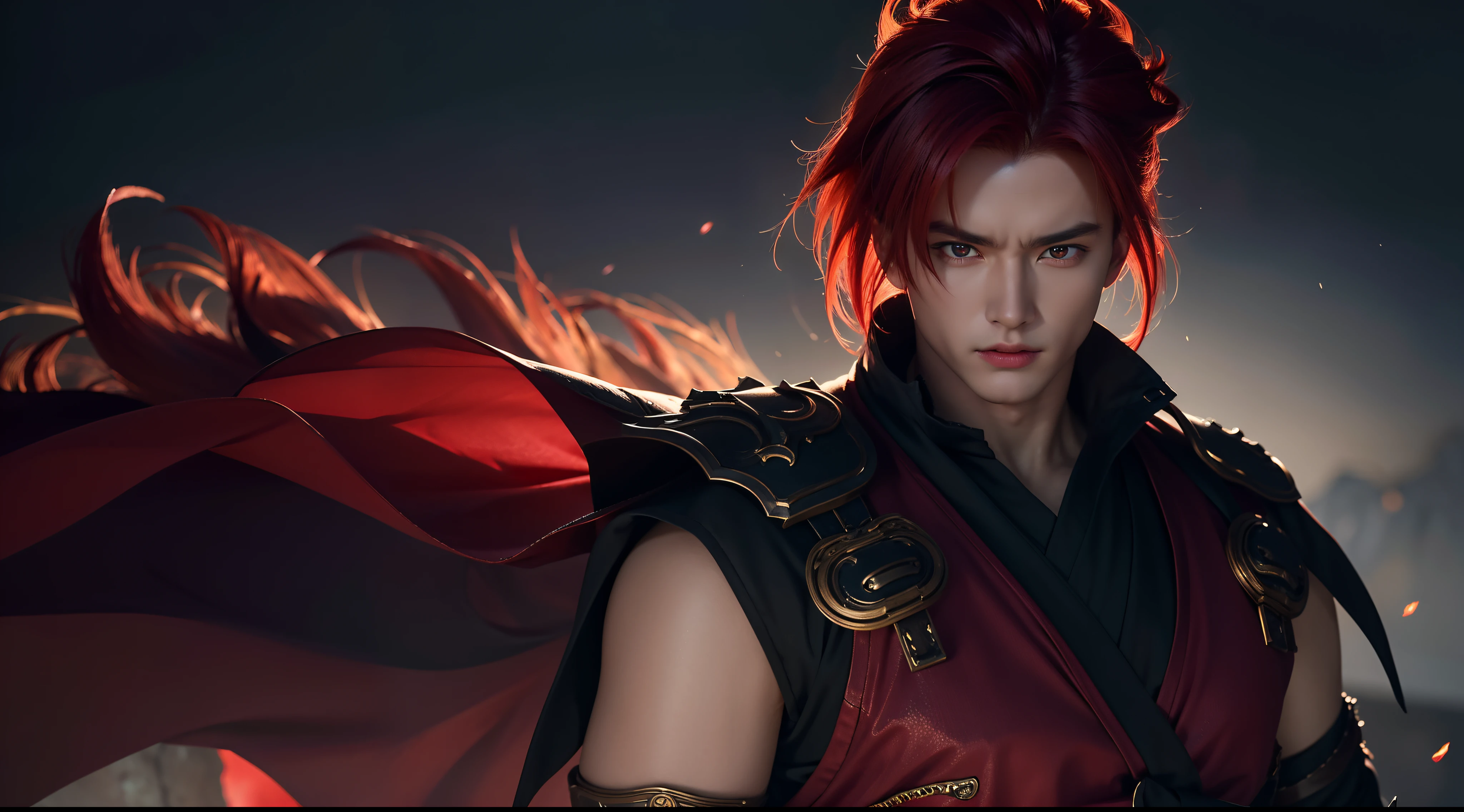 An 8k masterpiece, highest resolution, every detail, meticulous detail, depth of field, bright colors, beautiful composition: stunning take on an anime character Gohan with brilliant red hair and beautifully detailed glowing eyes, standing against a dark and ominous background. This handsome demon slayer is the epitome of bad guys in the world of fantasy art.