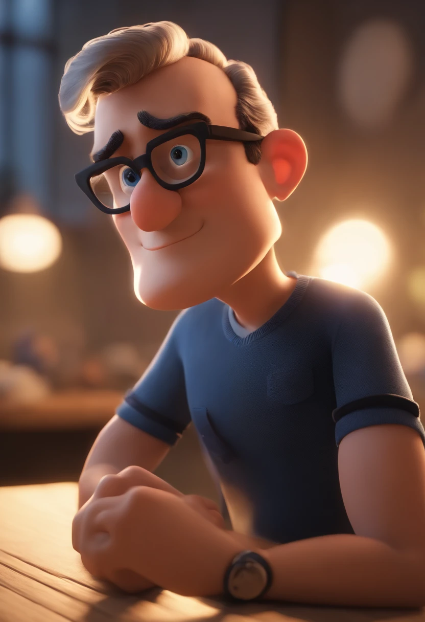 Cartoon character of a man wearing black glasses and a blue shirt, um personagem animado, Caractere estilizado, animation style rendering, 3D estilizado, Arnold Maya render, 3 d render stylized, toon render keyshot, Personagem 3D, Personagem 3D, 3d rendering stylized, 3 d character render, personagem de desenho animado, Personagem de close up, Pose de personagem, (Estilo Pixar) (master part:1.2) (Bokeh) (best quality) (pele detalhada) (textura detalhada) (8k) (argila) (Cinematic lighting) (foco nítido，Senta e vaza a parte superior do corpo