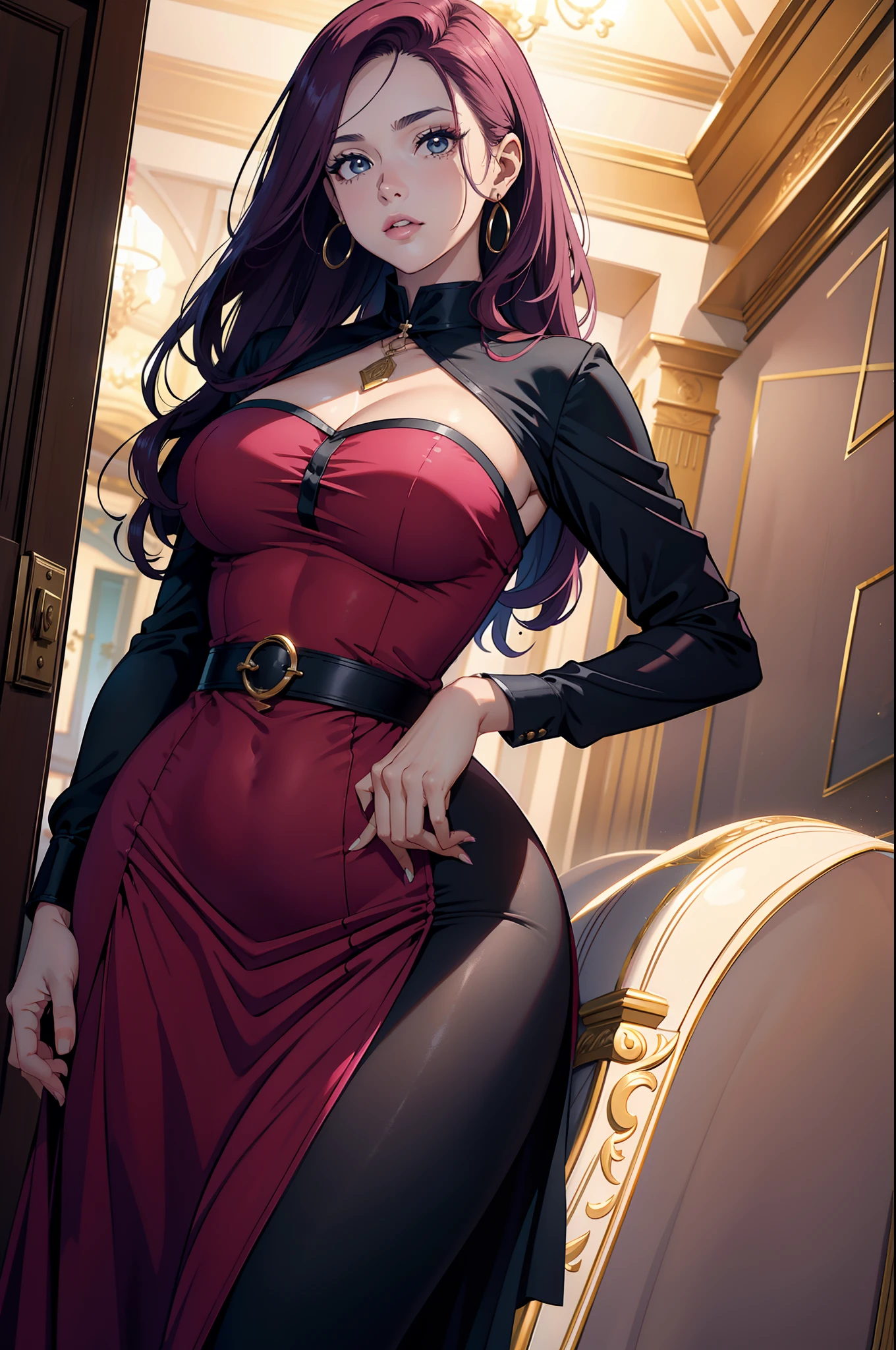 1 plump girl, has cleavage'beautiful cowboy photos, looking at viewert, Red robe, Black hair color, The face is red, Short hair details, Sports night, Volumetriclighting, Best quality, tmasterpiece, Complicated details, Color plot, Focus sharp, ultra - detailed, Hot topics on artstation, LOP, Actual whole body, Great Assa, elegant evening gowns