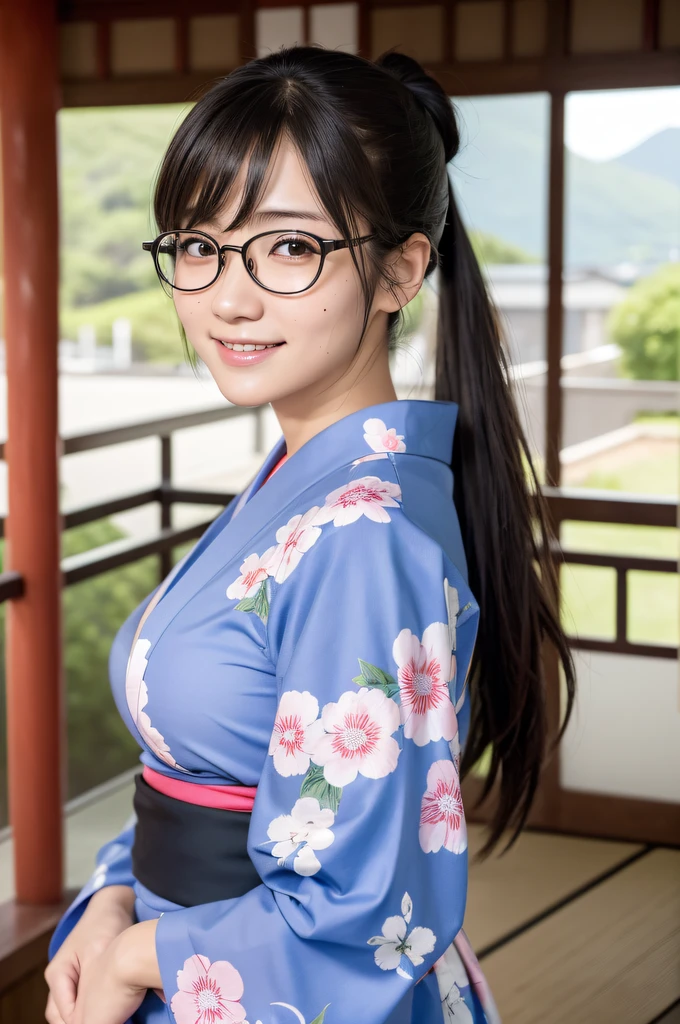 ((japanaese girl)), 8K, Raw photo, Best Quality, ultra-detailliert, Ultra High Resolution, Realistic, photographrealistic, high-definition RAW color photography, professional photograpy, Extremely detailed, 8K Wallpaper, amazing, finely detail, Huge file size, extra detailed face, extremely detailed eye, highlydetailed skin, extremely detailed fingers, highly detailed nose, highly detail mouth, Perfect ???????, Highly detailed background, Realistic body, Good figure, blown hair, (Medium pony tail), Cute face, Photography, (Happy smile), Perfect Skin, Perfect ???????, Large breasts, (Round glasses), (yukata), (Mole), ((atami)), high-angle shot, swept bangs, Full body shot,