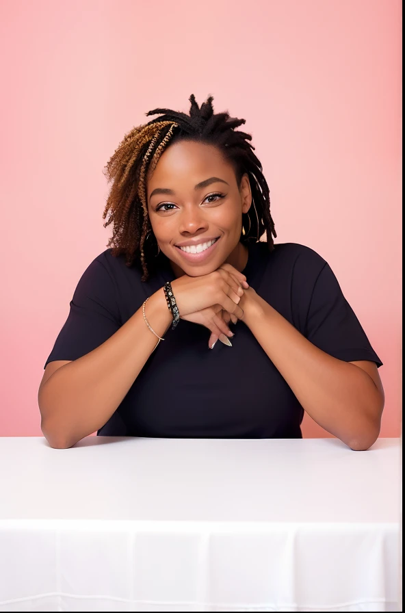 mulher sorridente sentada em uma mesa com um cofrinho rosa, Alexis Franklin, retrato headshot, Ensaio do produto, Laura Zalenga, foto de uma mulher negra, photoshoot para marca de cuidados com a pele, Meredith Schomburg, Directed by: Stokely Webster, Aida Muluneh, Demessance Kezie, Jenna Barton, Wesley Kimler, Miranda Meeks, cintura para cima retrato, fotografia de perfil