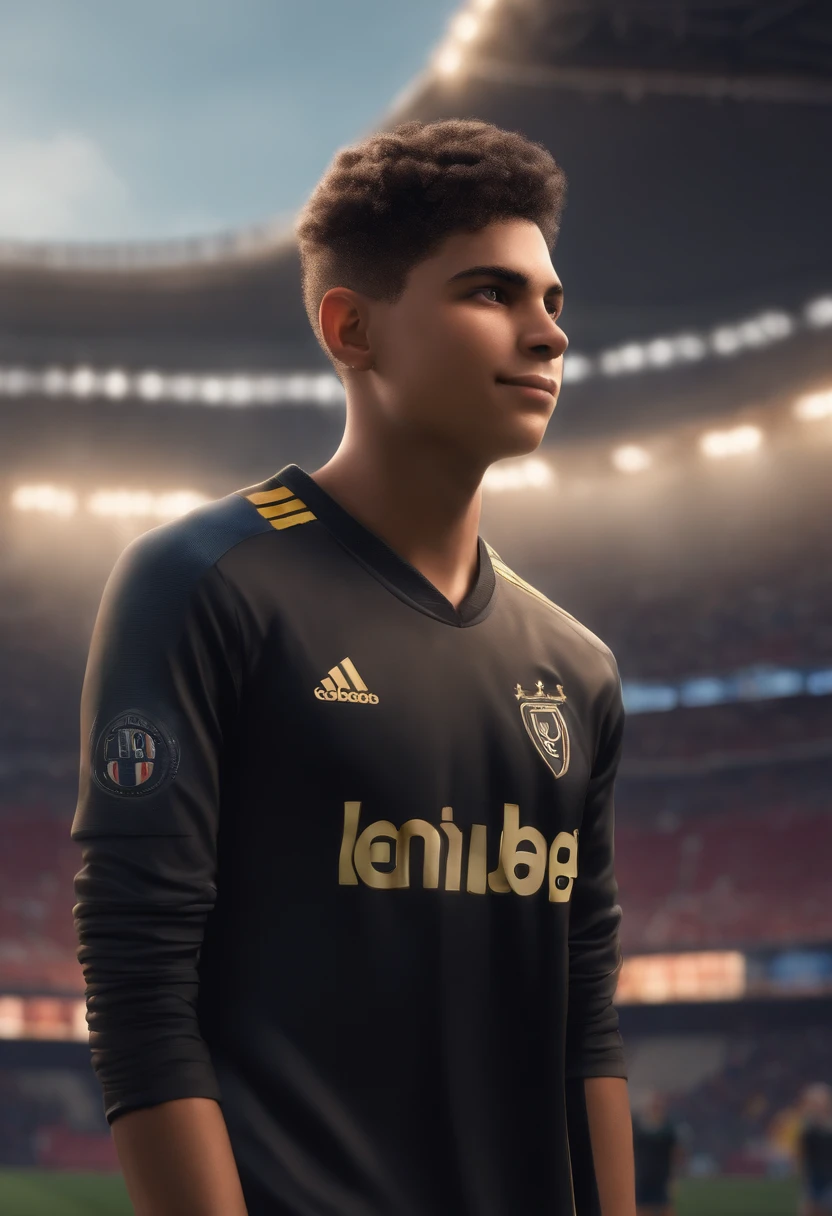 Image of a soccer player boy with a black shirt written on a YouTube video in Pixar format, He's the little allabester, He's the class leader, He's outgoing, Playful and gets up for a lot of things, cabelo liso e preto