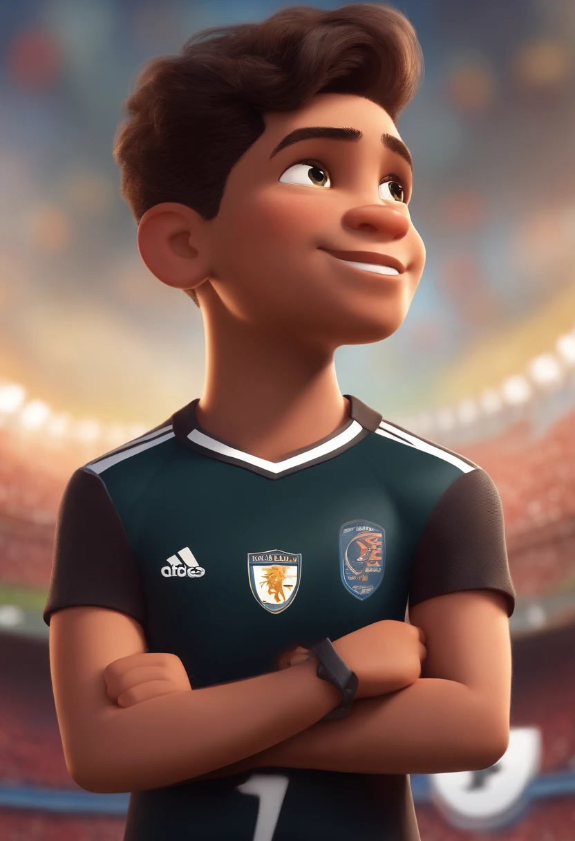Image of a soccer player boy with a black shirt written on a YouTube video in Pixar format, He's the little allabester, He's the class leader, He's outgoing, Playful and gets up for a lot of things, cabelo liso e preto