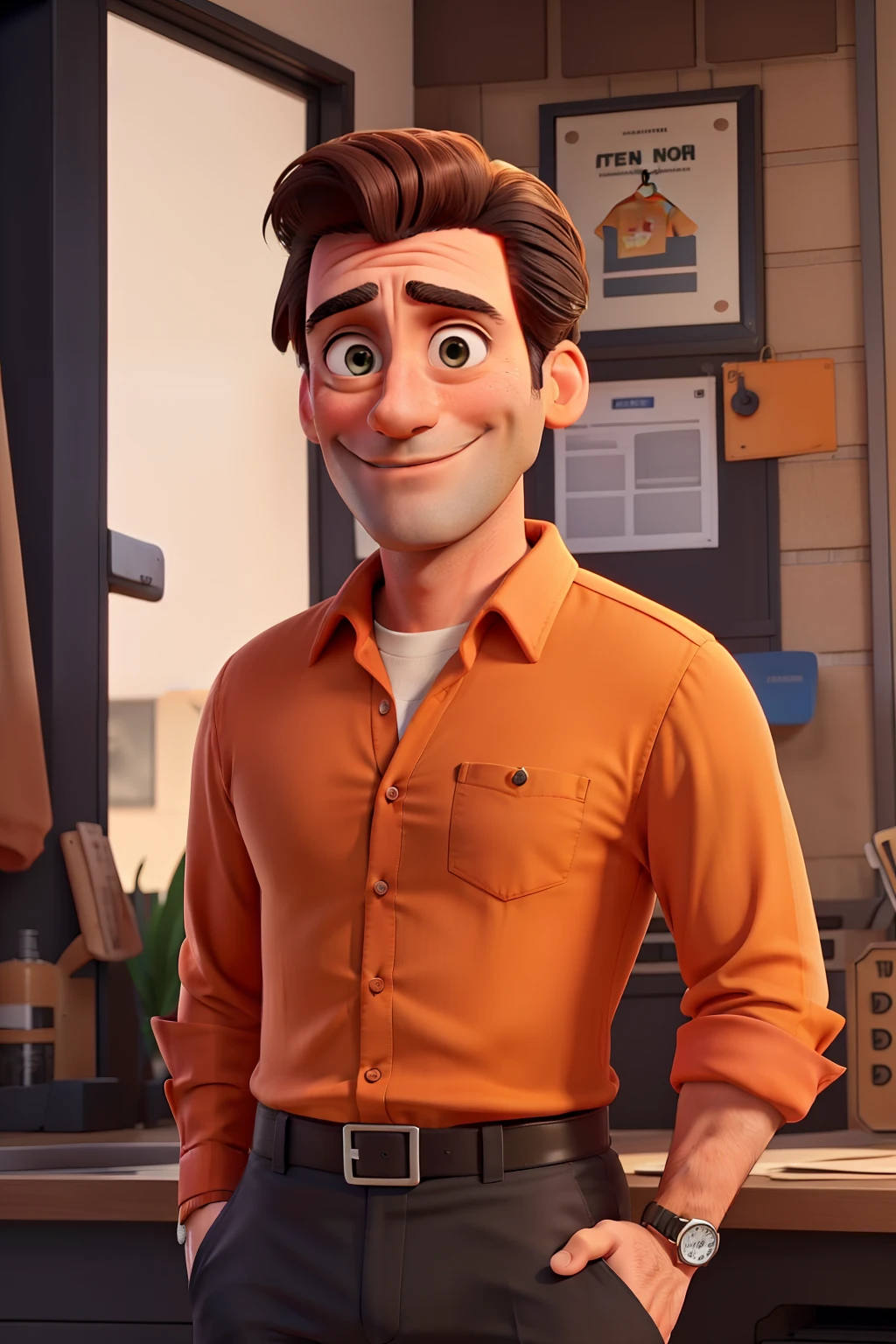 Jon Hamm dressed in an orange shirt and black pants, sorrindo e apontando para o lado com o dedo indicador