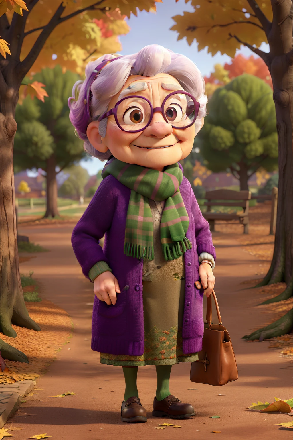 An elderly woman with glasses and scarf, standing in the park, wearing a purple coat and green scarf. (best quality,4k,8k,highres,masterpiece:1.2), ultra-detailed, realistic:1.37, portraits, vibrant colors, soft lighting, autumn scenery, fallen leaves, peaceful atmosphere.