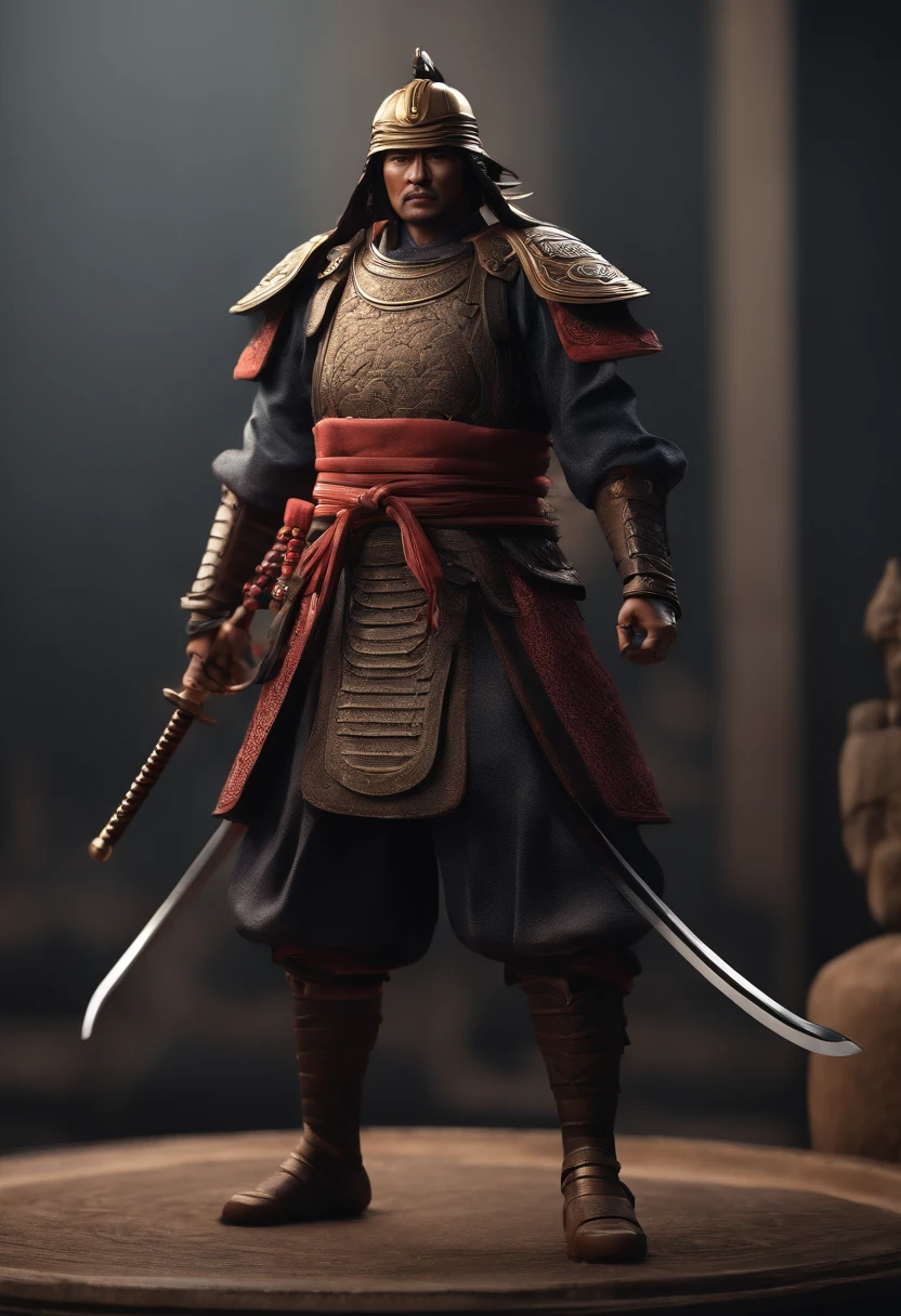 Samurai,japanese samurai, Hold the sword,animation character, Stylized characters, animation style render, Stylized 3D, Arnold Maya Lender, 3D rendering stylized, toon render keyshot, 3dcharacter, 3dcharacter, 3D rendering stylized, 3 d character render, comic book character, close up character, Character Pose, (pixer style) (Master Parts:1.2) (Bokeh) (Best Quality) (detailedskin) (Detailed texture) (8K) (clay) (Cinematic lighting) (foco nítido