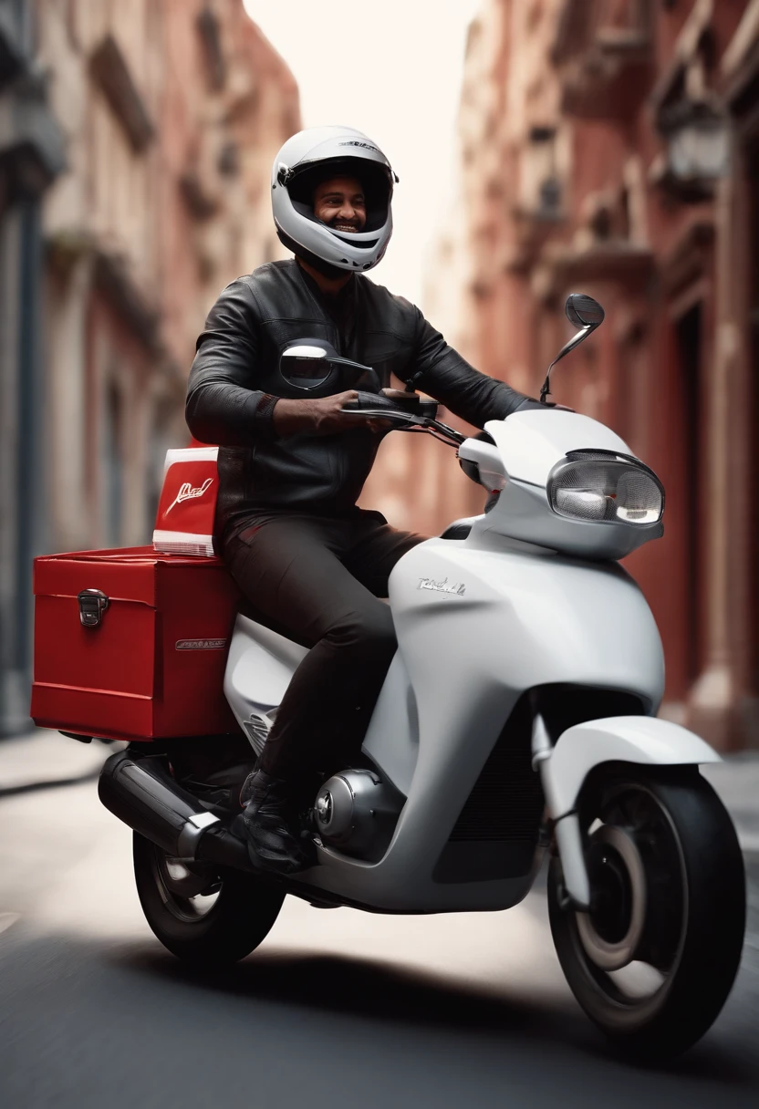 post a wide image of a Pixar style wide image of a man wearing a helmet smiling making delivery with a white motorbike with red