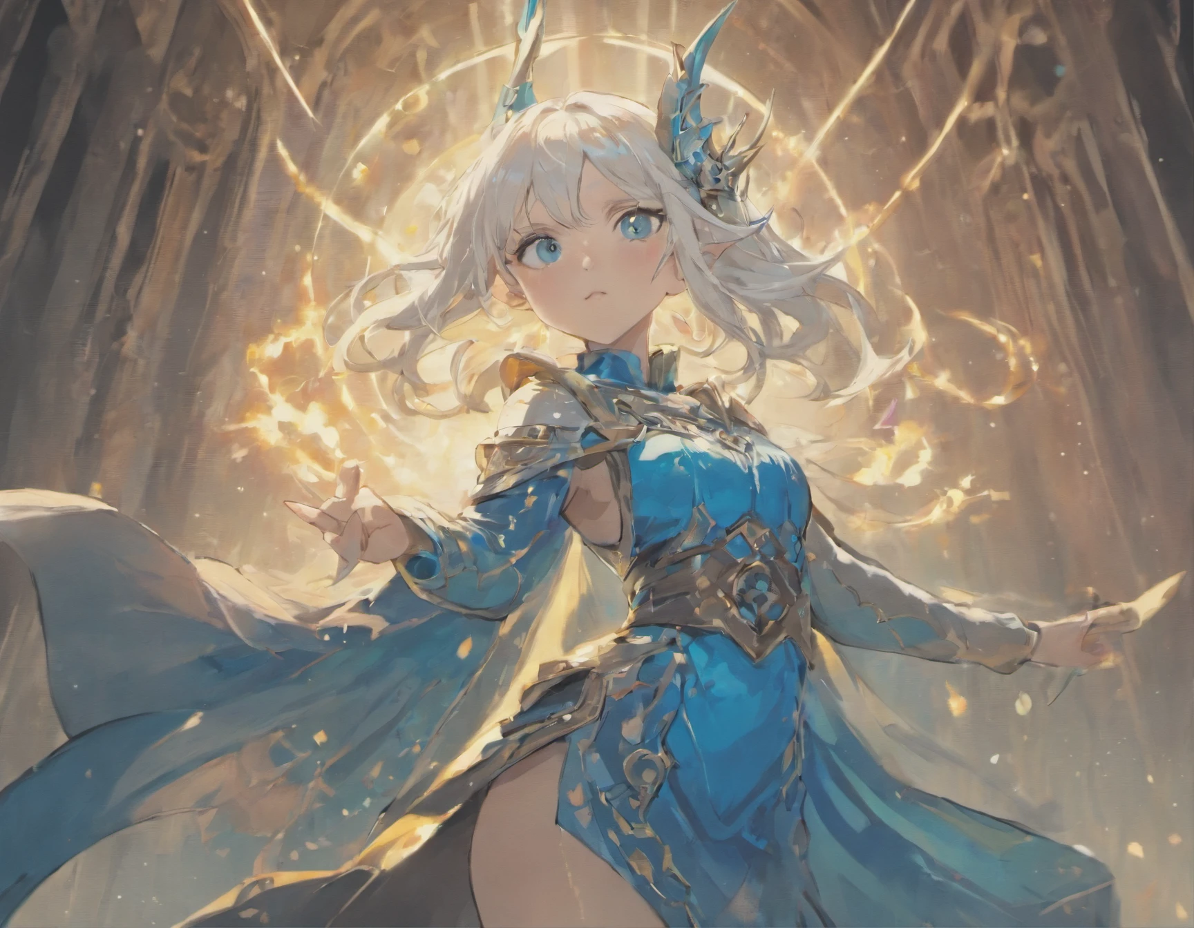 A white-haired, blue-eyed elf woman，curate，Dressed in a chainmail shirt，Wield a sword and slash demons，Worship the goddess of the moon