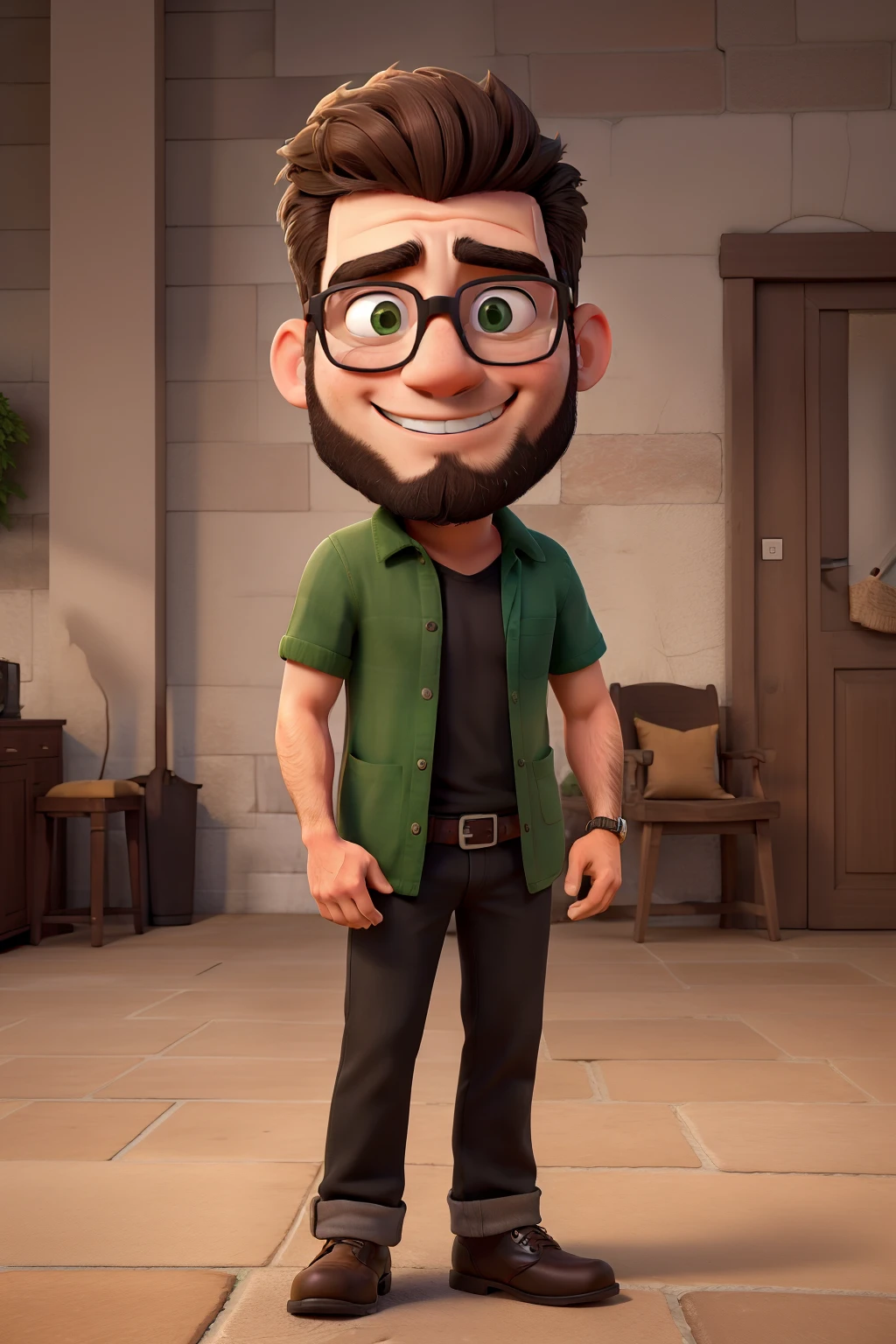 Obra-prima, de melhor qualidade, The image shows a young man with a beard and glasses, Standing in front of a camera. He is wearing a black shirt and appears to be smiling. The man is described as being 175 cm tall, pesando 100 kg, cabelos castanhos, olhos verdes e barba. He is also wearing rectangular glasses.