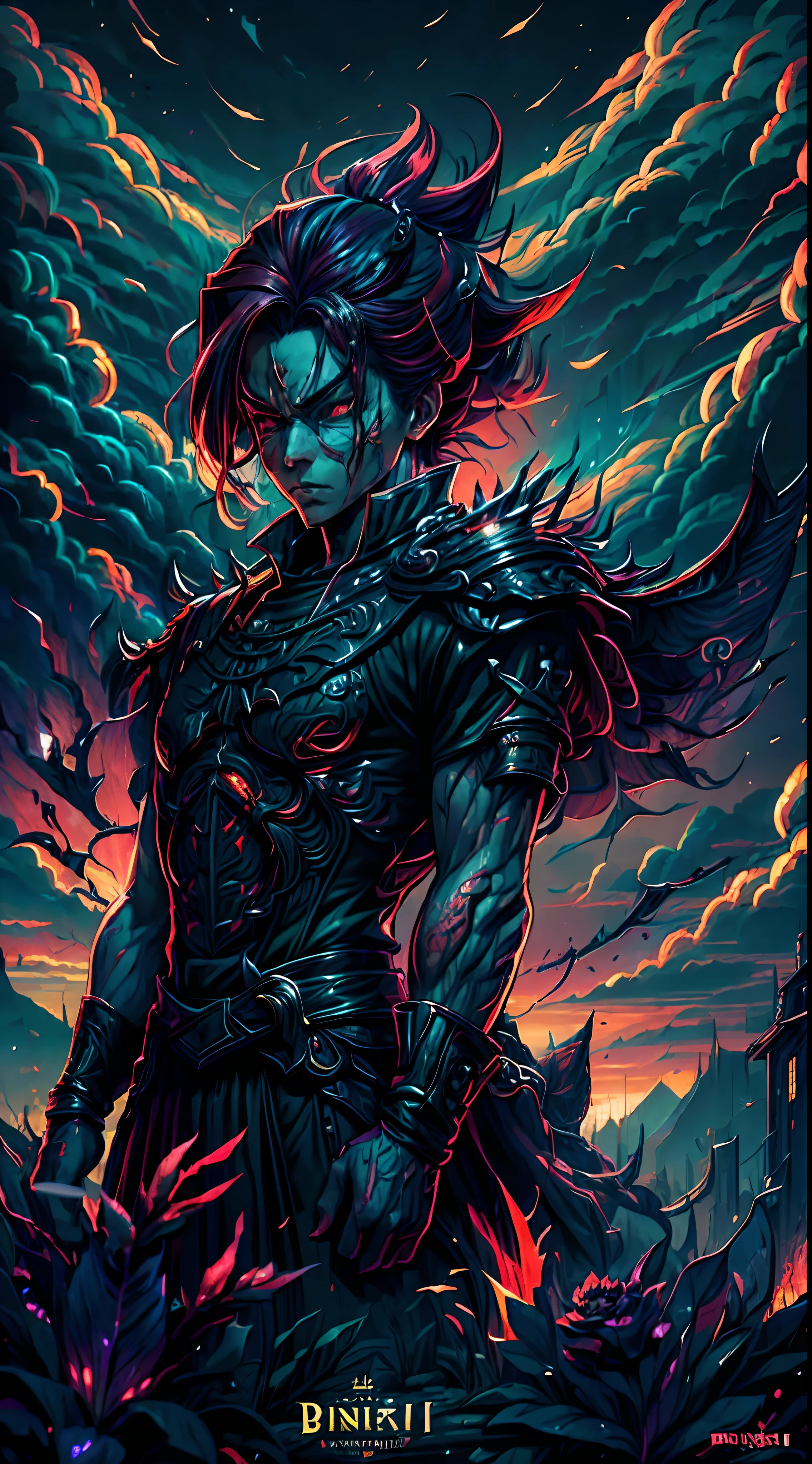 An 8k masterpiece, highest resolution, every detail, meticulous detail, depth of field, bright colors, beautiful composition: stunning take on an anime character Gohan with brilliant red hair and beautifully detailed glowing eyes, standing against a dark and ominous background. This handsome demon slayer is the epitome of bad guys in the world of fantasy art.