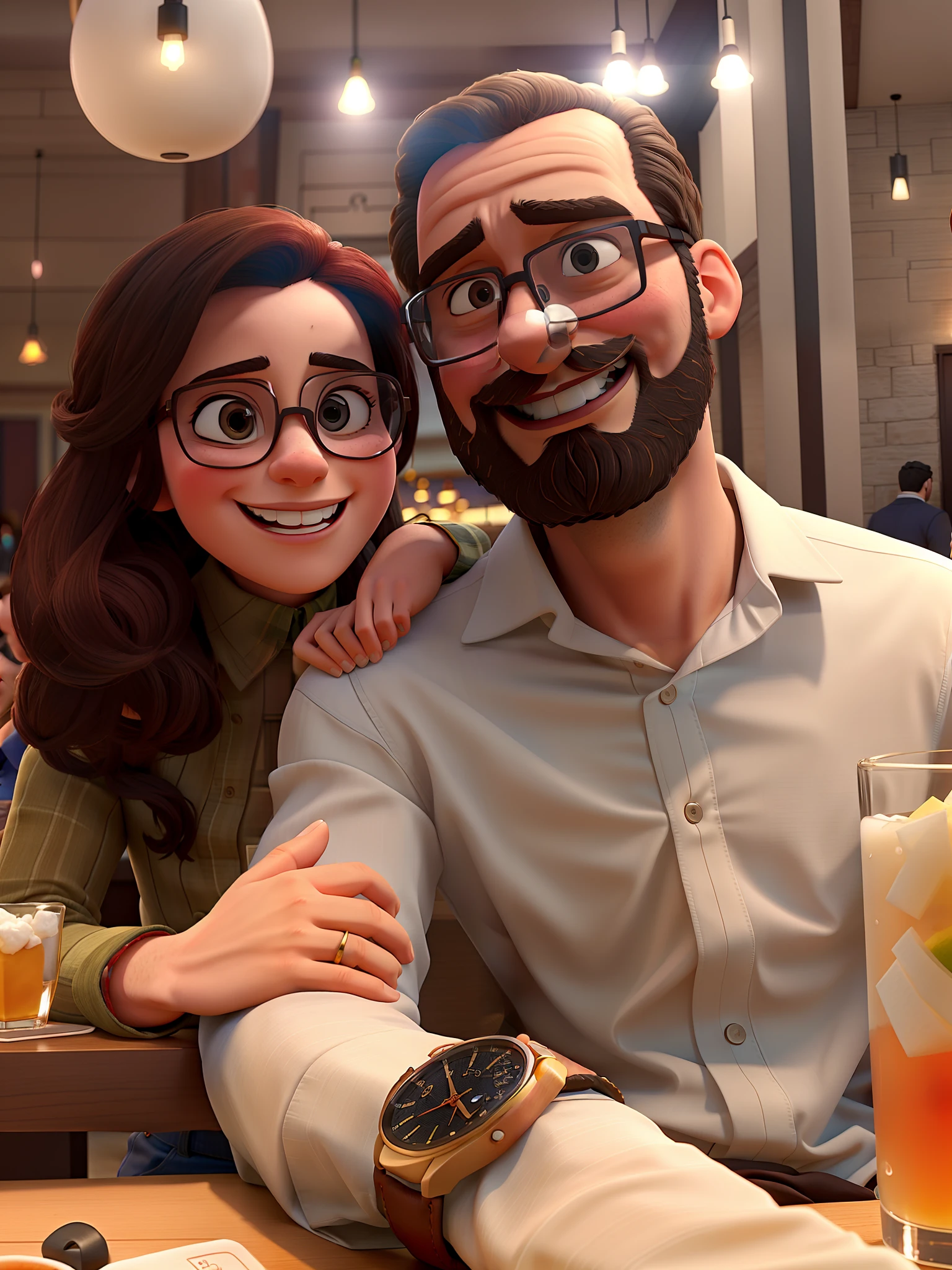 Couple in a restaurant having fun drinking in a romantic celebration. The woman on the left with her hand on the man's arm. Man wears glasses, He has a watch and wears a beard. They're both smiling.