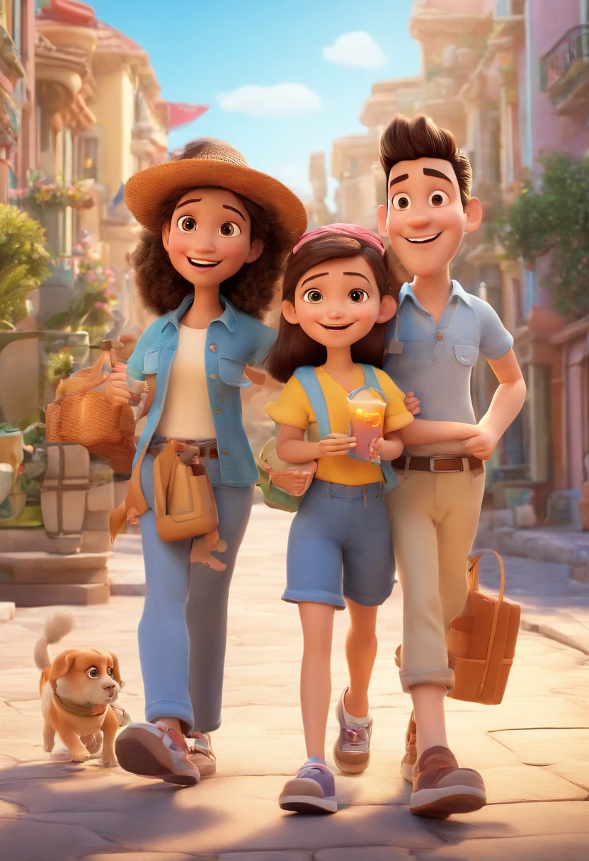 Cartoon of friends having fun on vacation together, 3D Animation Movie Poster, Poster de filme animado, pixar 3 d animation style, pixar renderman rendering, maia 8 mil, animated film, Disney Pixar Estilo 3D, amigos felizes saem juntos, all wearing light blue shirts and cream brown long pants, camisa azul clara, cream brown pants, ao ar livre, vacation, Disney Pixar Animation Poster