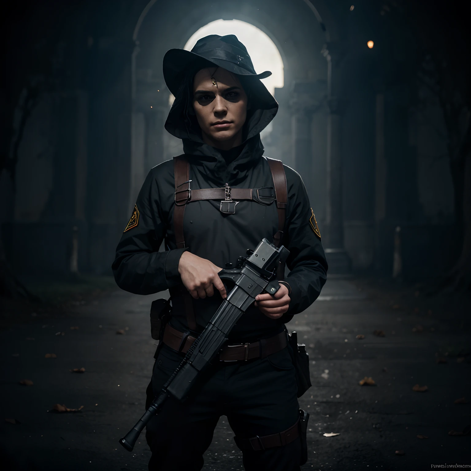 8k , quality, Artwork,hallowen soldat, arme , fusile FAMAS, fancy dress,Wraith