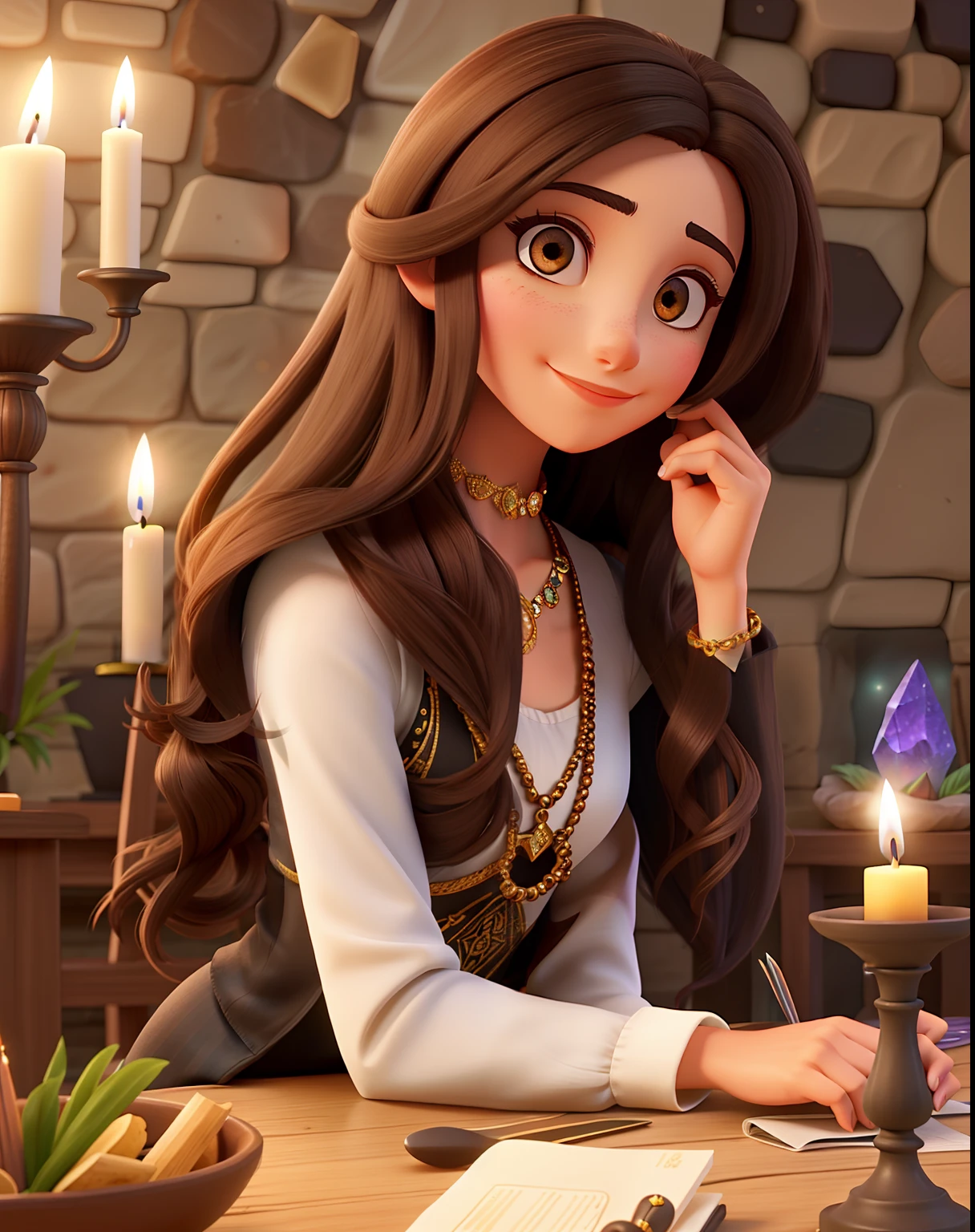 A mystical brunette woman, with medium sized dark straight hair sitting at a table with candles and crystals with backdrop of a wall with mandala