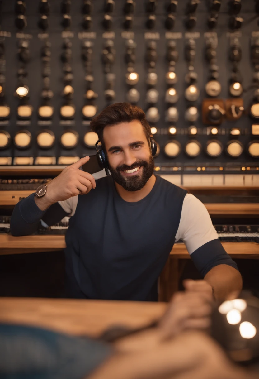 um homem, em breve, barba curta, olhos castanhos, com fones de ouvido, A music studio in the background, Imagem no estilo Pixar, Estilo de filme animado 3D, Disney, camiseta preta