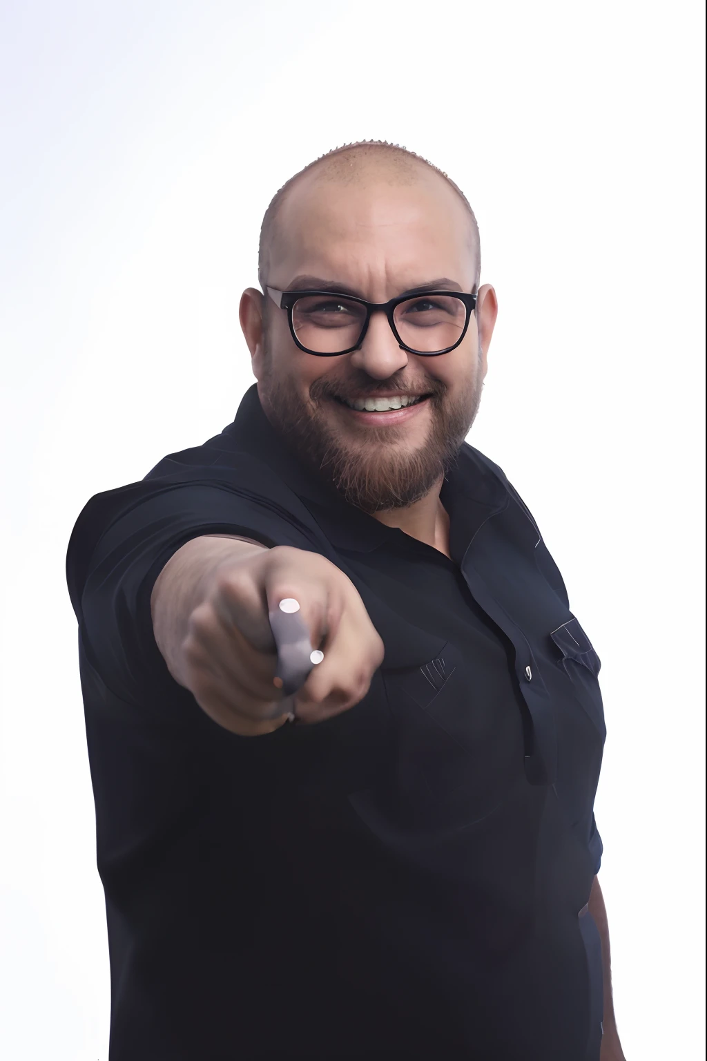 Personagem disney pixar, superhero style, com capa, with black frame glasses, careca, barba castanha, sorrindo, com o dedo indicador apontando para frente, rosto redondo, dentes claros, camisa preta, homem de aproximadamente 30 anos