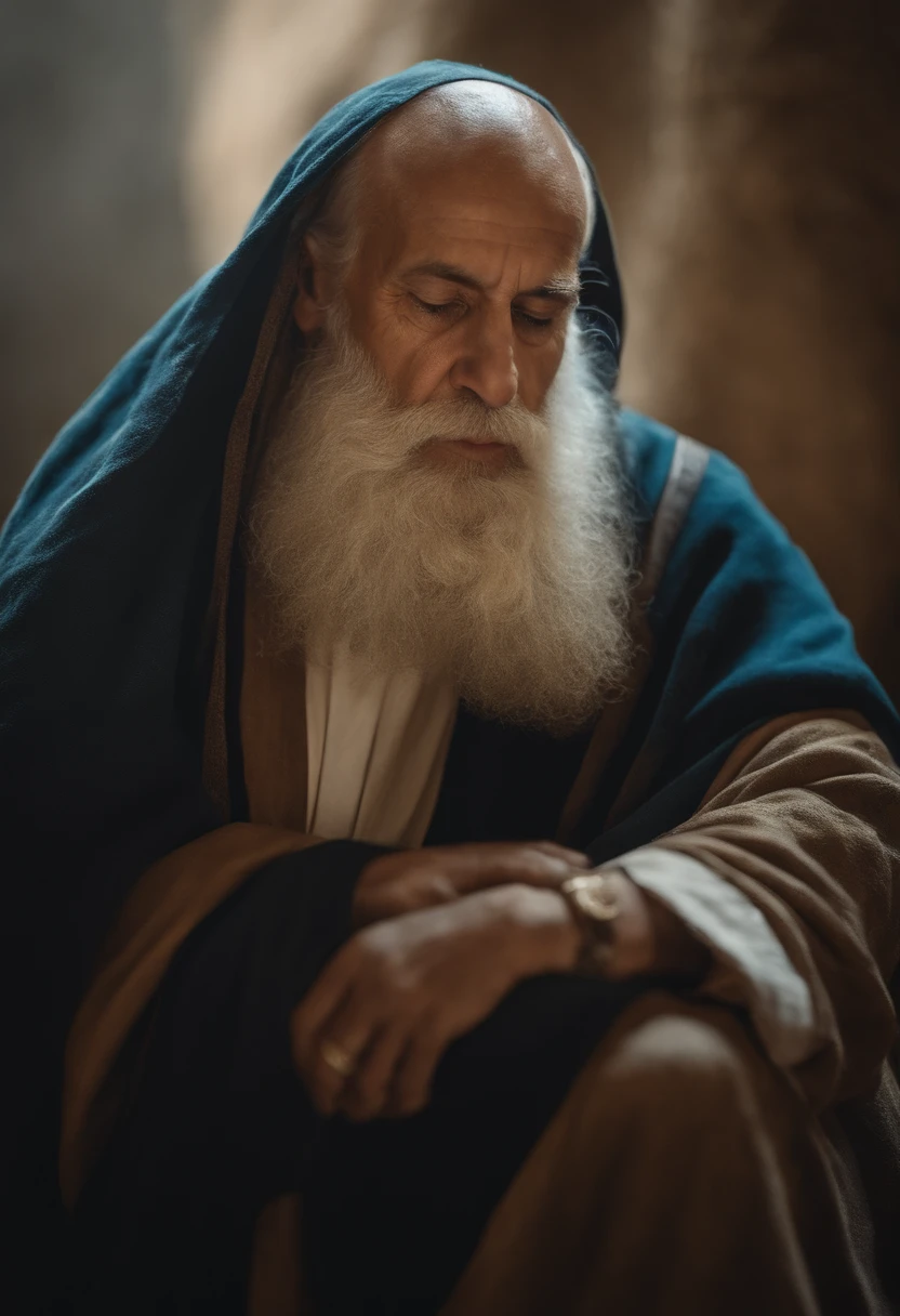 homem arafed sentado em uma rocha com uma longa barba, moses, Wise old man, holy man looking down at the ground, biblical clothing, inspired by moses van Uyttenbroeck, Retrato do monge, O melhor no Adobe Stock, Obra-prima 4K, Obra-prima 4K, foto de retrato de pintura fosca