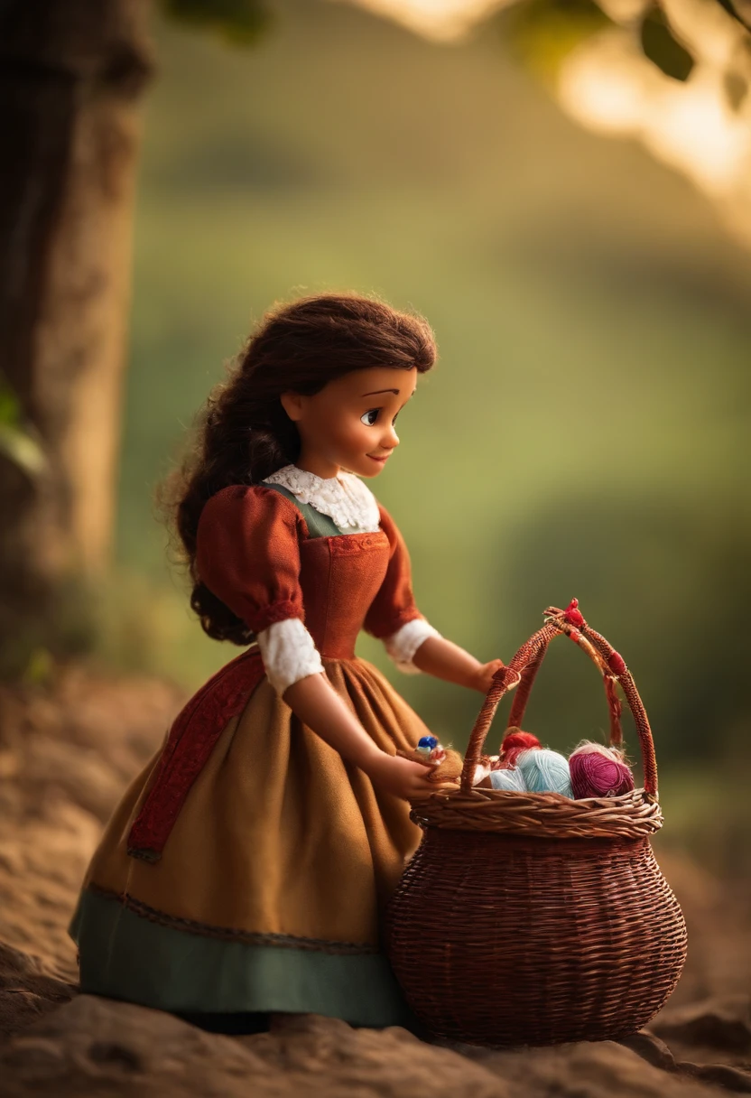 Crie um personagem Disney Pixar. Trata-se mulher de 41 anos, Artisan, especialista em cestos de cordas, que tem o sonho de ter sua marca, a L'art de Ju, reconhecida mundialmente. They're sewing the baskets on a sewing machine. Ao fundo, it is possible to see an image of the Serra de Ouro Branco...