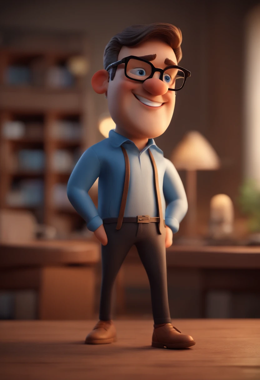 Cartoon character of a man with black glasses and a blue shirt, animation character, Caractere estilizado, animation style rendering, 3D estilizado, Arnold Maya render, 3 d render stylized, toon render keyshot, Personagem 3D, Personagem 3D, 3d rendering stylized, 3 d character render, personagem de desenho animado, Personagem de close up, Pose de personagem,  (Estilo Pixar) (master part:1.2) (Bokeh) (best quality) (pele detalhada) (textura detalhada) (8k) (argila) (Cinematic lighting) (foco nítido