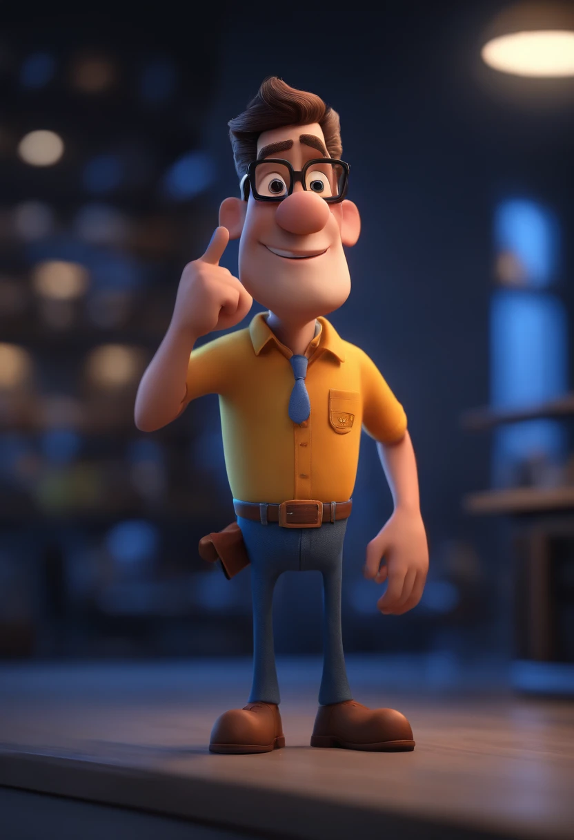 Cartoon character of a man with black glasses and a blue shirt, animation character, Caractere estilizado, animation style rendering, 3D estilizado, Arnold Maya render, 3 d render stylized, toon render keyshot, Personagem 3D, Personagem 3D, 3d rendering stylized, 3 d character render, personagem de desenho animado, Personagem de close up, Pose de personagem, (Estilo Pixar) (master part:1.2) (Bokeh) (best quality) (pele detalhada) (textura detalhada) (8k) (argila) (Cinematic lighting) (foco nítido