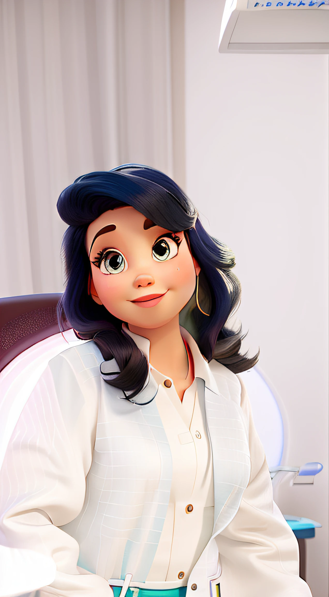 A beautician at a beauty clinic wearing a Disney Pixar-style lab coat
