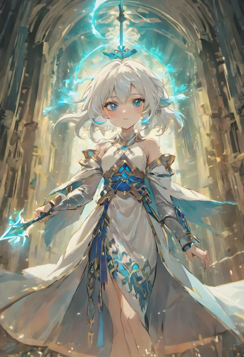 A white-haired, blue-eyed elf woman,curate,Dressed in a chainmail shirt and a white robe,Wield a sword and slash demons