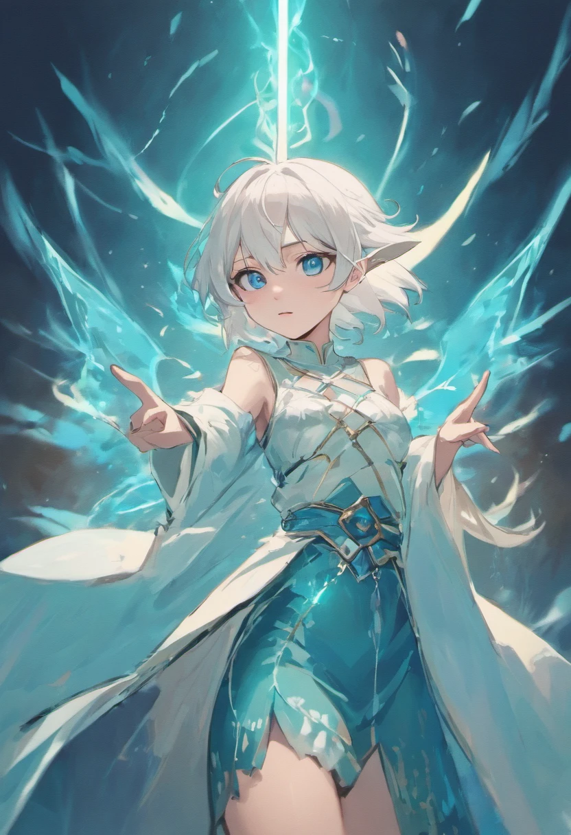 cute young girl, white hair, long hair, light blue eyes, elf ears, dragon tail, dragon thorn, muscular body, small breast, light blue dress, water magic