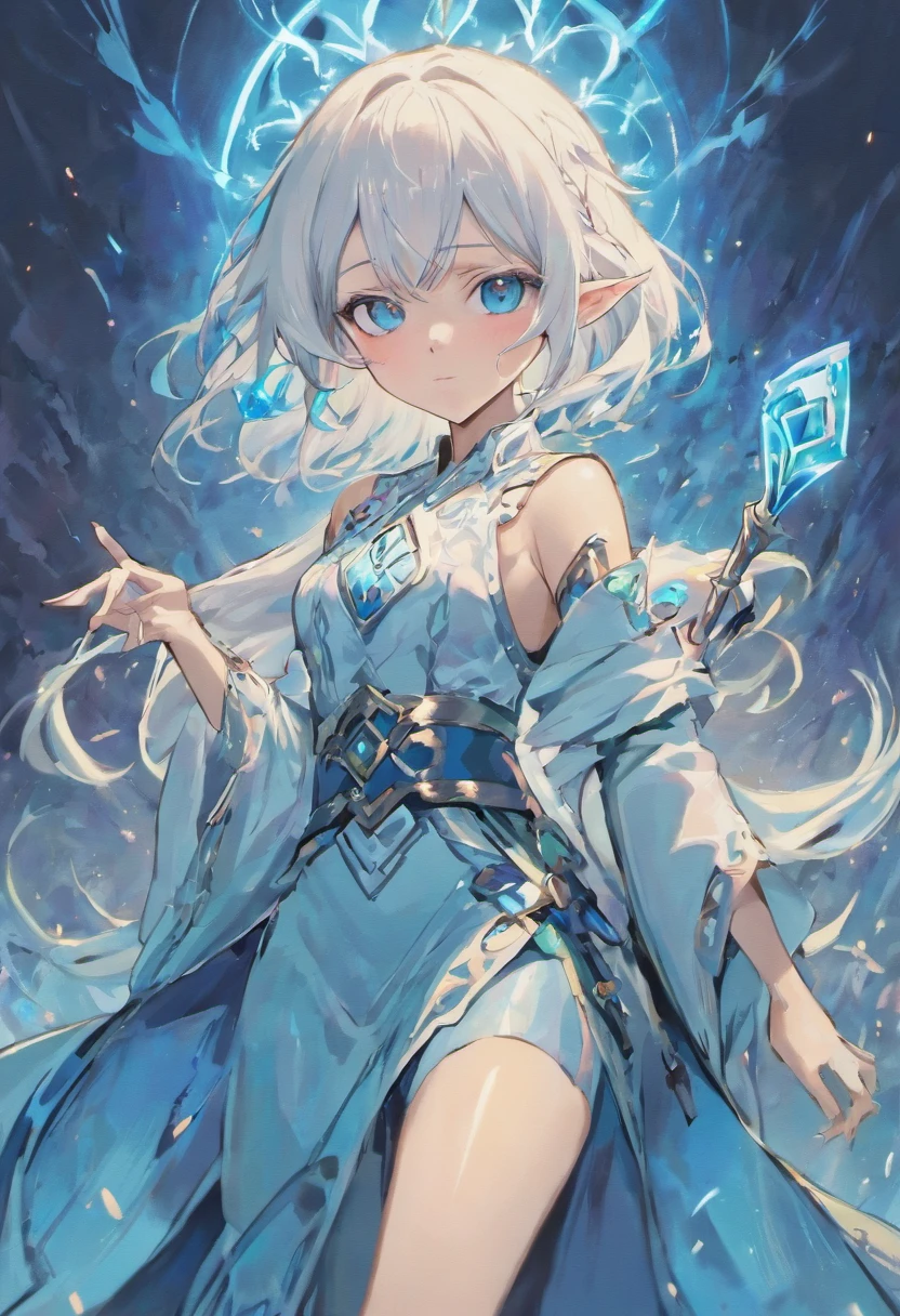 A white-haired, blue-eyed elf woman,curate,Dressed in a chainmail shirt and a white robe,Wield a sword and slash demons