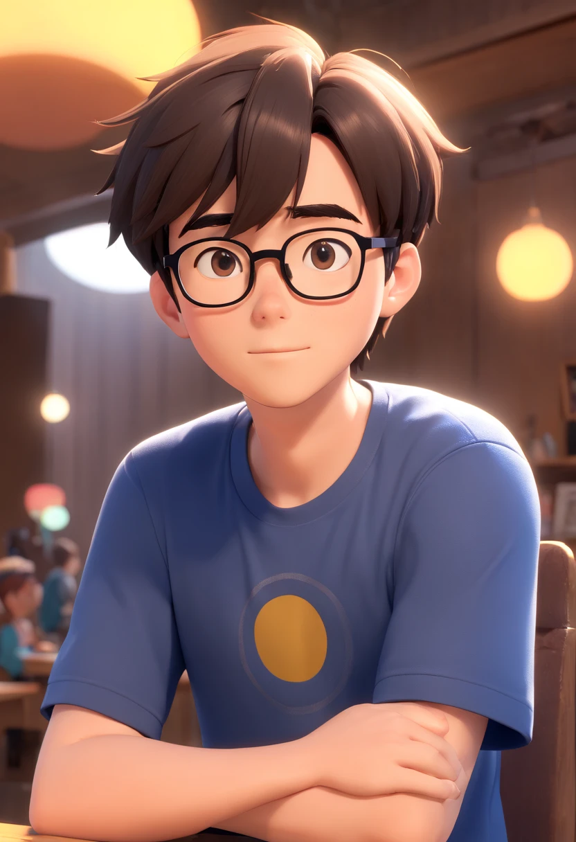 Cartoon character of a man wearing black glasses and a blue shirt, um personagem animado, Caractere estilizado, animation style rendering, 3D estilizado, Arnold Maya render, 3 d render stylized, toon render keyshot, Personagem 3D, Personagem 3D, 3d rendering stylized, 3 d character render, personagem de desenho animado, Personagem de close up, Pose de personagem, (Estilo Pixar) (master part:1.2) (Bokeh) (best quality) (pele detalhada) (textura detalhada) (8k) (argila) (Cinematic lighting) (foco nítido,Senta e vaza a parte superior do corpo
