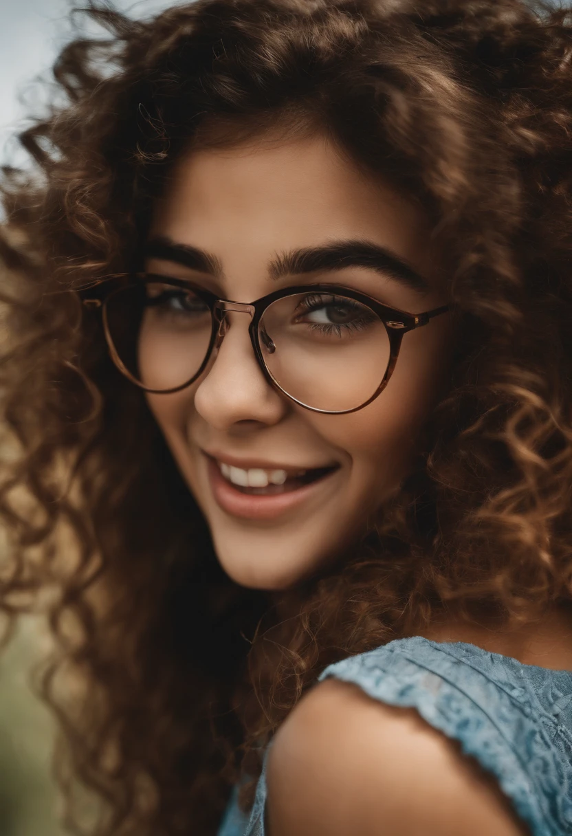 Uma mulher de 18 anos, com longos cabelos castanhos, Rosto redondo, sorriso encantador, e olhos castanhos, wearing glasses.