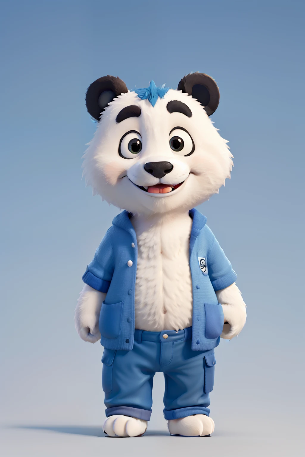 A cute happy panda with his arms raised to the sky, tampa azul clara, barnet, Tom, Estilo Pixar, ........3d, with 2 arms up, Cartoon, Rosto detalhado, asymmetrical 16k