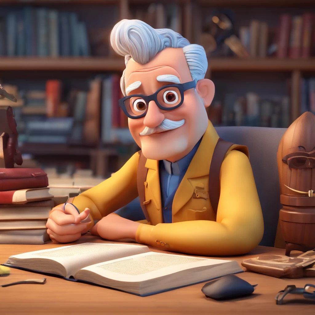 Crie um cartaz inspirado na Disney Pixar com o personagem sendo o pastor Rubens Janier, A gray-haired man wearing glasses, in an office with a Bible on the table