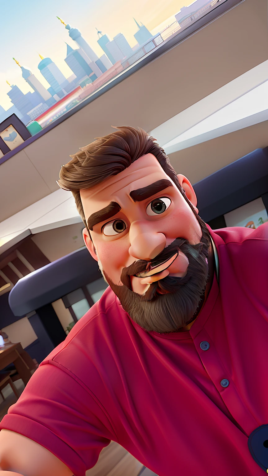 Poster no estilo Disney pixar, alta qualidade, melhor qualidade, homem sexy branco, 30 anos cabelo grisalho barba preta, musculoso, com fundo em um restaurante a luz de velas