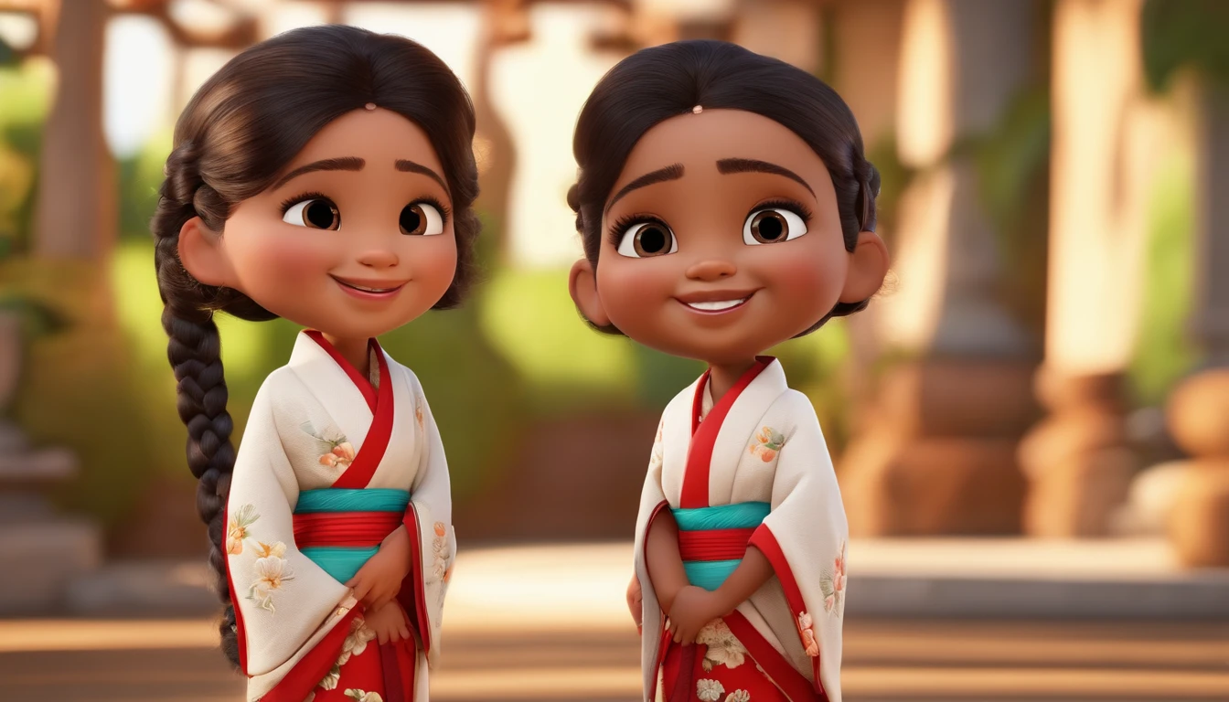 A happy cute little girl standing，Braided，cabelos curtoe loiro, usando um kimono branco, Full-body image display，Backgrounid branco, Cabrito, tom, Estilo Pixar, 。...3d, caricaturas, Detalhe Face, asymmetrical 16k