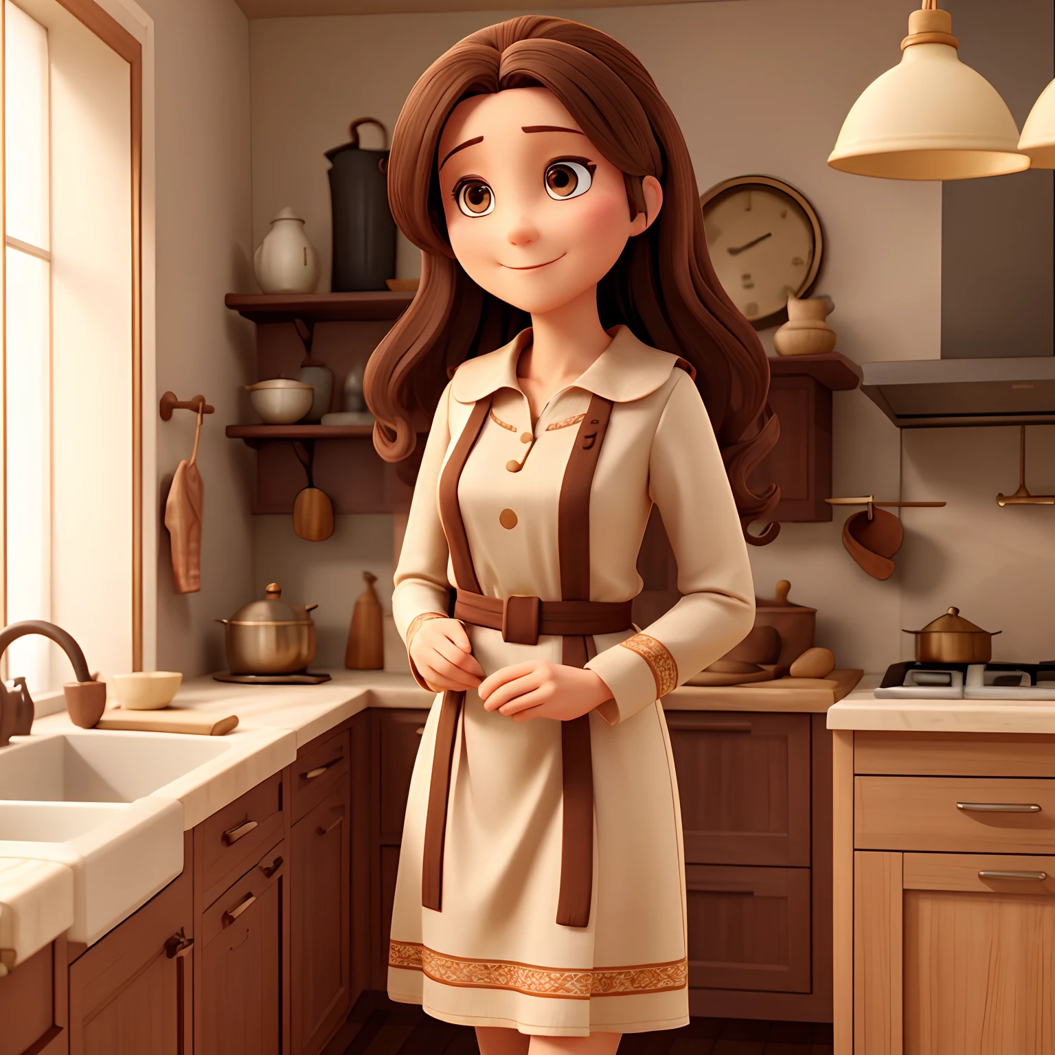 Female housewife in her 40s wearing dress and long tunic and dark brown hair