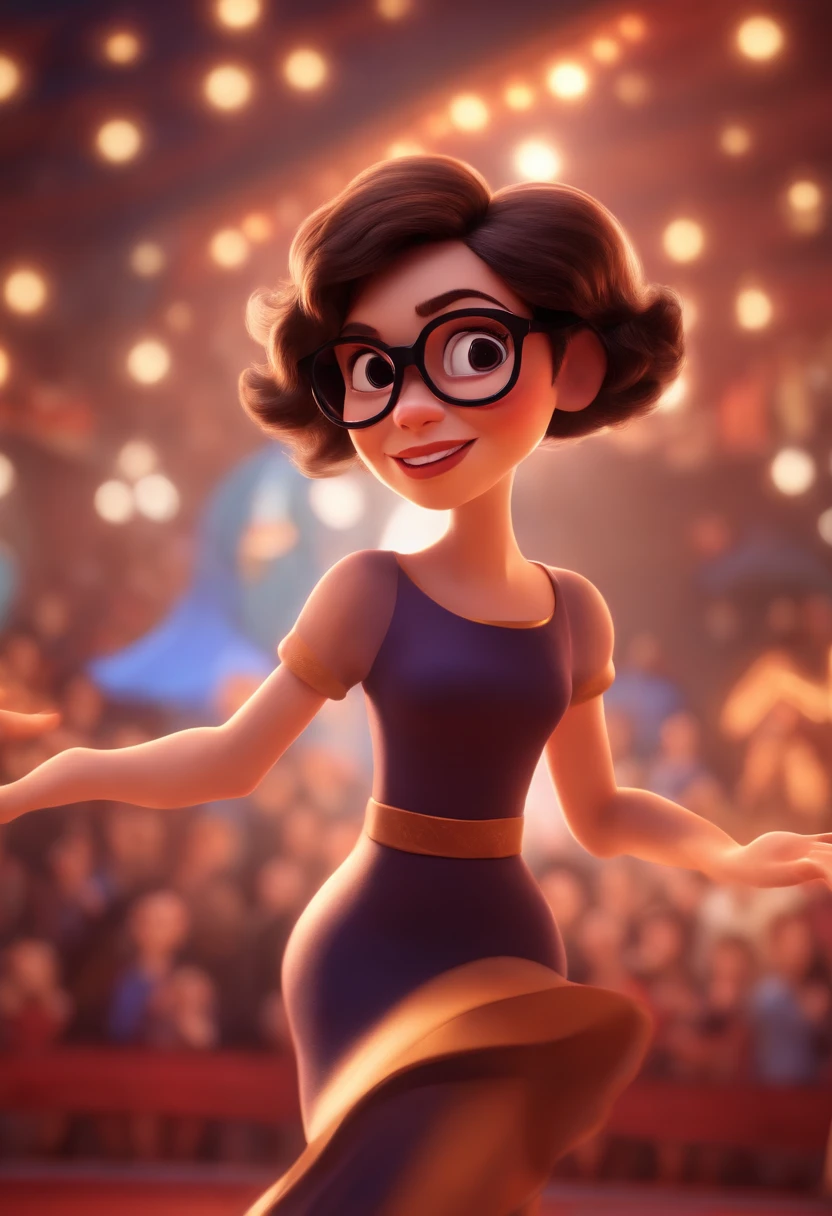 Magem Pixar Style with 3D Character Brunette Woman White Glasses Short Hair Dark Brown Dancing on Stage Disney