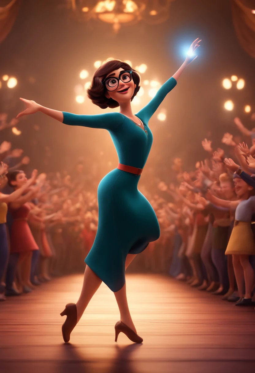 Magem Pixar Style with 3D Character Brunette Woman White Glasses Short Hair Dark Brown Dancing on Stage Disney