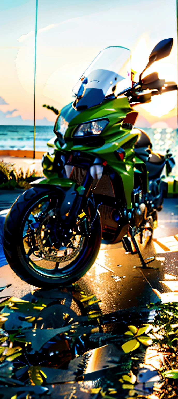 There is a green motorbike parked on the beach near the water, tiro frontal, Kawasaki, cinematic front shot, Iluminado frontal, frente em, medium wide front shot, verde, Frente cheia, perspectiva frontal, touring, retrato frontal, Foto de perfil frontal, Tiro frontal, frontal angle, extremely detailed frontal angle, tiro frontal, um tiro largo e cheio, motocicleta