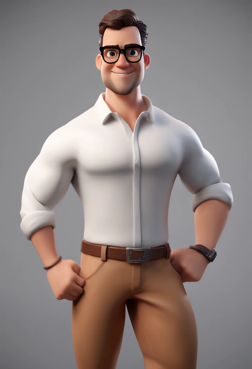 Male cartoon character wearing black glasses and white shirt, an animated character, stylized character, animation style render, stylized 3 d, Arnold Maya Lender, 3d rendering stylized, toon render keyshot, 3dcharacter, 3D Characters, 3d rendering stylized, 3 d character render, comic book character, close up character, character posing, (Pixar style) (masutepiece:1.2) (Bokeh) (Best Quality) (Detailed skin) (Detailed texture) (8K) (clay) (Cinematic lighting) (Sharp Focus,Sit down and leak your upper body